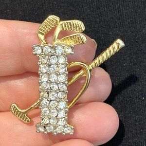 Rhinestone Golf Club Bag Pin Gold Tone Brooch....153